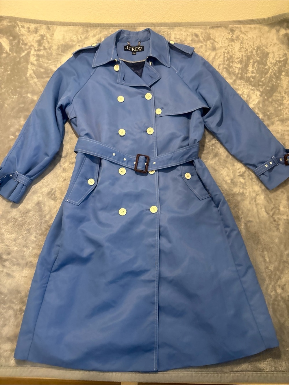 J.Crew Relaxed Trench Coat Lightweight Shiny Nylon Blue Mid Length Sz 4 Preppy